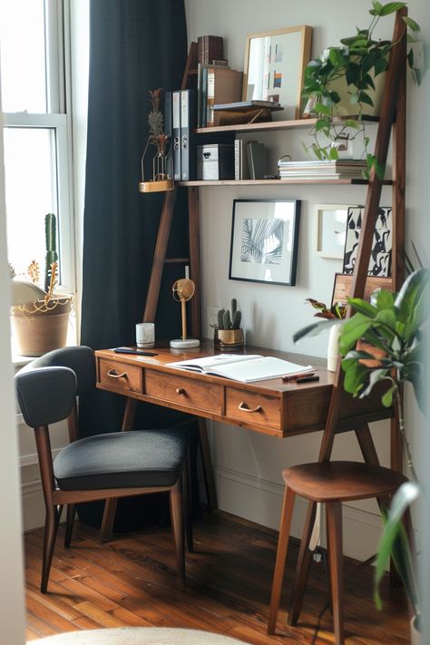 Corner Desk Area In Living Room, Discreet Desk In Living Room, Small Work Space In Living Room, Workspace Small Spaces, Small Home Workspace, Home Office Small Space Corner, Desk Nook In Living Room, Work Table Aesthetic, Office Nook Ideas Small Workspace