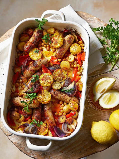 Healthy sausage traybake Healthy Chilli, Healthy Risotto, Easy Sausage Recipes, Tray Bake Recipes, Midweek Meals, Healthy Comfort Food, Healthy Gut, Sausage Recipes, Sausages