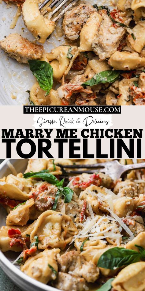 Marry me chicken tortellini with sun-dried tomatoes, basil, and fresh parmesan cheese. Tortellini Recipes White Sauce, Chicken Mozzarella Tortellini Recipes, Tortellini Recipes With Chicken, Tortellini Recipes Healthy, Chicken Tortellini Pasta, Marry Me Chicken Tortellini, Easy Recipes For Lunch, Marry Me Chicken Pasta, Carbonara Ingredients