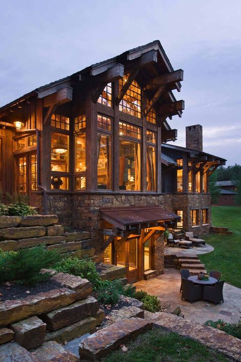 Striking rustic stone and timber dwelling in Ontario, Canada Walkout Basement Patio, Rustic Exterior, Haus Am See, Large House, Rustic Stone, Timber Frame Homes, Log Cabin Homes, Hus Inspiration, Luxury Homes Dream Houses