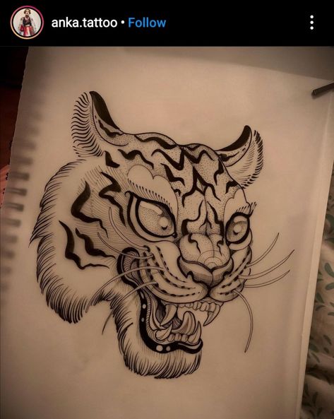 Tiger Face Tattoo, Trippy Tattoo, Japanese Tiger Tattoo, Big Cat Tattoo, Tattoo Japanese Style, Wrist Tattoo Designs, Japanese Tiger, Tattoo Shading, Tiger Tattoo Design