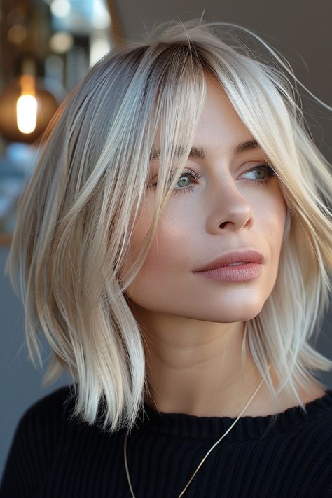 Short Fine Hair Bangs, Blonde Bangs Hairstyle, Bobbed Hair With Bangs, Scandi Bob Hair, Bangs For Widow's Peak, Current Hairstyles 2024, Lob With Fringe Bangs, Blonde Bob Curtain Bangs, Bold Money Piece Hair Blonde