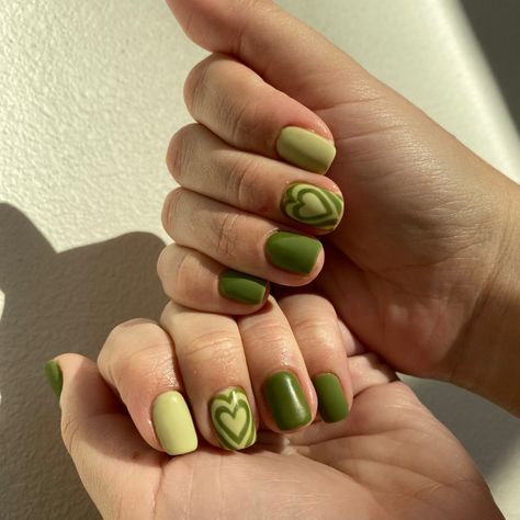 Heart nail art green nails trendy nails nails design gel nails short nails Aesthetic Gel Nails Short Green, Nail Designs For Short Nails Green, Nail Art Inspo For Short Nails, Heart Nail Art Short Nails, Green Aesthetic Nails Short, Green Nail Art Short Nails, Short Nail Art Green, Gel Nails Ideas Short Green, Green Manicure Short Nails