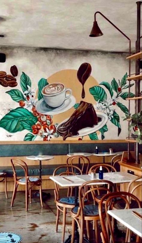 Mural Coffee Shop Wall Art, Coffee Shop Murals, Wall Painting Ideas Cafe, Coffee Mural Art, Cafe Mural Ideas, Cafe Wall Art Creative, Cafe Wall Art Murals, Coffee Graffiti, Restaurant Murals