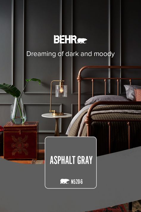 Asphalt Gray adds the perfect touch of drama to your space. Asphalt Gray Behr Paint, Behr Asphalt Gray, Behr Moody Paint Colors, Behr Colors, Color Of The Month, Behr Paint Colors, Easy Decor, Grey Room, Purple Walls