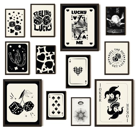 PRICES MAY VARY. Elevate Your Space with Lucky Wall Art: Infuse your home or game room with the spirit of luck and strategy with our exclusive collection. Featuring Lucky Poker themes and the iconic Queen of Hearts Cards, this set is perfect for anyone feeling lucky and looking to add a touch of fortune to their surroundings. Set Includes: Dive into a curated selection of 3 pcs 8x10 inch, 4 pcs 5x7 inch, 5 pcs 4x6 inch playing card wall art and poker wall art, including striking poker pictures f Game Room Artwork Wall Decor, Black Wall Decor Bedroom, Black And White Pop Of Color, Black And White Bedroom Wall Decor, Playing Card Wall Art, Street Room Decor, Poker Room Ideas, Cards Room Decor, Poker Decor