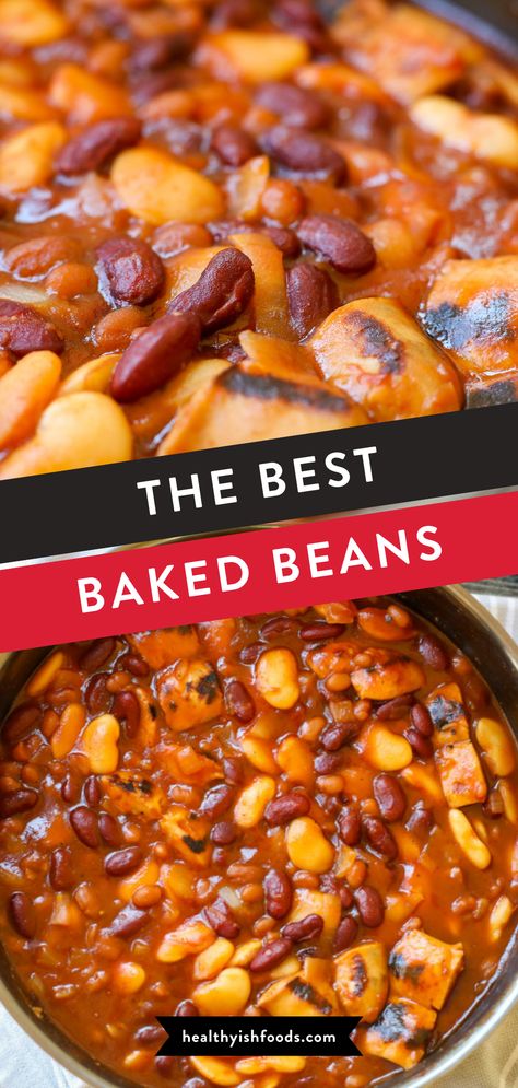 Ready for the Best Baked Bean Recipe of all time? These homemade baked beans with kidney and butter beans are sweet with a kick of vinegar, and so easy to make. Growing up, my sisters and I would make these baked beans from scratch for almost every summer cookout. Baked Beans With Kidney Beans, Five Bean Baked Beans, Easy Baked Beans For A Crowd, Healthy Baked Beans Clean Eating, 3 Bean Baked Beans Recipe, Beans Casserole Recipes, Multi Bean Baked Beans, Baked Beans Homemade, Homemade Baked Beans From Canned Beans