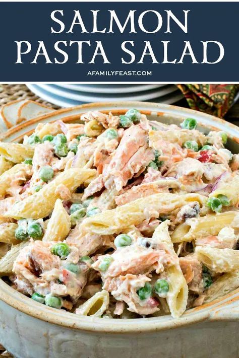 Salmon Pasta Salad - A Family Feast® Salmon Pasta Salad Recipes, Cold Salmon, Salmon Pasta Salad, Pasta Salad Salmon, Salad With Salmon, Salmon Pasta Recipes, Smoked Salmon Pasta, Canned Salmon Recipes, Salmon Salad Recipes