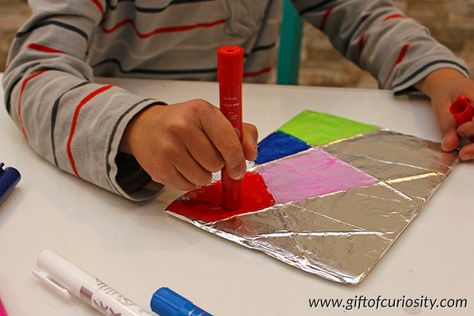 Aluminum foil paintings | Painting on foil | Children's art | Kids art projects || Gift of Curiosity Foil Painting Preschool, Painting On Aluminum Foil, Foil Painting For Kids Craft Ideas, Tinfoil Painting, Painting On Foil, Art Stations, Foil Painting, Camp Projects, Aluminum Foil Art