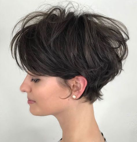 Disheveled Brown Pixie Bob Curling Thick Hair, Brunette Pixie, Stacked Haircuts, Choppy Bob Haircuts, Thick Hair Cuts, Textured Haircut, Pixie Bob Haircut, Thick Wavy Hair, Short Hair Lengths