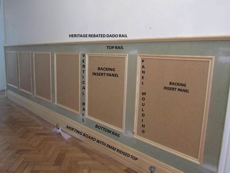 Panelling Under Dado Rail, Dado Rail Hallway Panelling, Vestibule Paneling, Hallway Panelling Diy, Diy Panelling Walls Stairs, Panelling With Dado Rail, Dado Rail Panelling Living Room, Landing Panelling Ideas, Diy Panelling Stairs