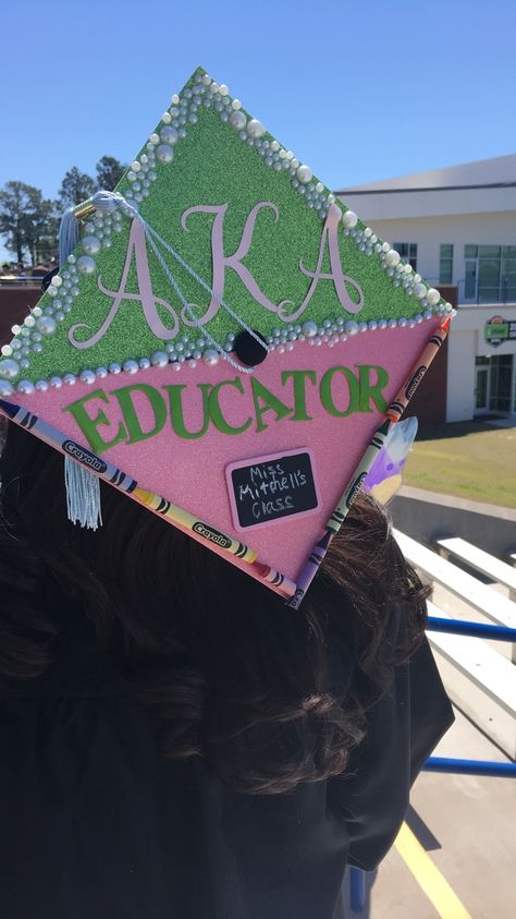 #AKA1908 #Educator Graduation Cap Aka Cap Decoration Graduation, Aka Graduation Cap, Graduation Cap Designs Aka, Locs Graduation Cap, Sza Inspired Graduation Caps, Aka Grad Chapter, Alpha Kappa Alpha Graduate Chapter, Diy Grad Cap, Teacher Graduation Cap