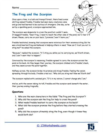 The Frog and the Scorpion Worksheet - 15 Worksheets.com The Frog And The Scorpion, Scorpion And The Frog, Hebrew Language Words, Teacher Portfolio, Reading Questions, Critical Thinking Questions, Reading Comprehension Questions, Hebrew Language, Character Analysis