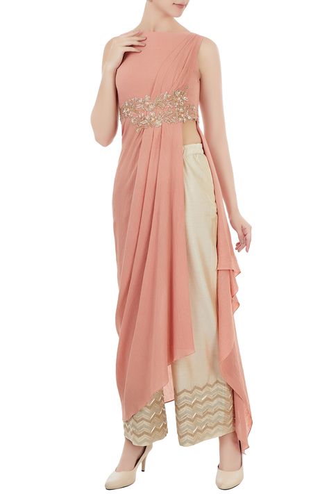 Shop Shruti Ranka - Rust pink draped style tunic with palazzo pants Latest Collection Available at Aza Fashions Group Fashion, Lehnga Dress, Indo Western Dress, Indian Gowns, Indian Designer Outfits, Indian Attire, Designer Dresses Indian, Indian Designer Wear, Churidar