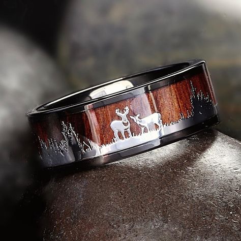 Stag Silhouette, Hunting Wedding, Wooden Wedding Ring, Wood Wedding Band, Mens Stainless Steel Rings, Bracelet Viking, Ring Man, Tungsten Wedding Rings, Black Tungsten