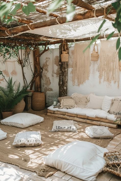 A serene outdoor living space featuring a cozy seated area with quaint cushions, rustic vibes, and vibrant greenery, perfect for relaxation. Balcony Boho, Poolside Yoga, Healing Sanctuary, Casa Miami, Balcony Ideas On A Budget, Boho Balcony, Bamboo Ceiling, Healing Room, Yoga Space