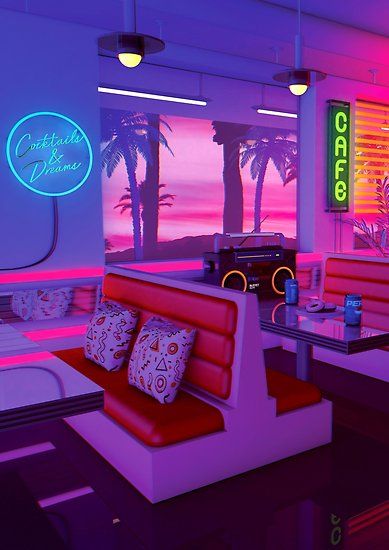 80’s Aesthetic Nostalgia, A Retro Design That inspired by synthwave music scene. Synthwave expresses nostalgia from 1980s / 1990’s culture ( Films, Video Games, Cartoon ) , attempting to capture the era’s atmosphere. • Millions of unique designs by independent artists. Find your thing. Neon Lights, A Restaurant, The Wall, Palm Trees, Neon Signs, Trees, Neon, Restaurant, Signs