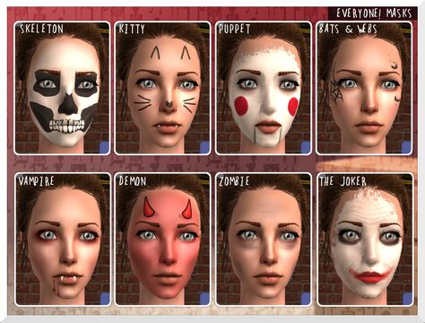 Costumes and masks for both genders and all ages. Cc Makeup, Spooky Halloween Costumes, Ts2 Cc, Face Paints, Sims 4 Cc Makeup, Sims Games, Halloween Face Mask, Cc Finds, Halloween Accessories