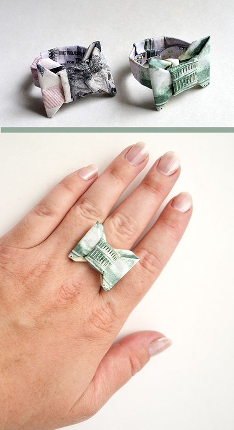 Tie Origami, Dollar Folding, Origami Flowers Diy, Origami For Kids Animals, Origami Ring, Bow Tie Tutorial, Origami Dollar, Money Ring, Origami Box Tutorial