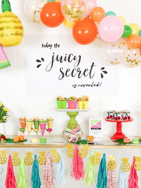 Free Party Printables For A Tutti Frutti Gender Reveal Party | Fun365 Summer Birthday Themes, Tissue Paper Garland, Fruit Birthday Party, Birthday Balloons Pictures, Baby Gender Reveal Party Decorations, Tissue Paper Garlands, Gender Reveal Announcement, Tissue Paper Tassel Garland, Gender Reveal Party Theme