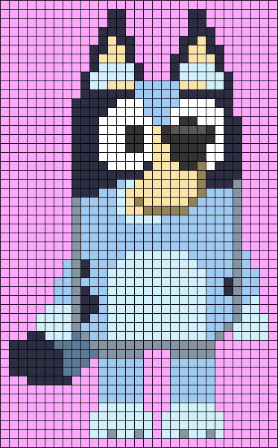 Alpha pattern #99852 | BraceletBook Bluey Cartoon Pixel Art, C2c Crochet Bluey, Bluey Cartoon Cross Stitch Pattern, Knitting Pattern For Bluey The Dog, Bluey Bingo Perler Beads, Stitch Grid Pattern, Bluey Crochet Blanket Pattern, Cross Stitch Pixel Patterns, Cross Stitch Disney Patterns