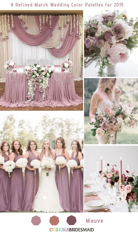 All 20+ Purple Wedding Color Palettes - ColorsBridesmaid Pinky Mauve Wedding, Mauve And Gold Wedding, March Wedding Colors, Spring Wedding Color Palette, Mauve Bridesmaid, Mauve Bridesmaid Dress, Wedding Color Palettes, Fall Wedding Color Palette, Wedding Color Combos