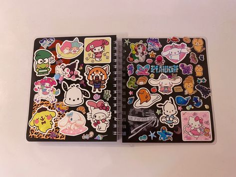 Notebook Covered In Stickers, Things Covered In Stickers, Decorating My Sketchbook, Sketch Book Decor, Sketchbook Stickers Cover, Sketch Book Decoration Ideas, Stickers On Notebook, Sketchbook Decoration Ideas, Decorating Journal Covers