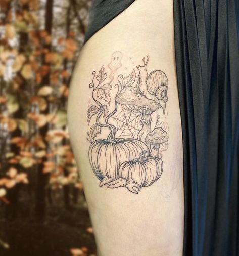 Fall Botanical Tattoo, Fall Themed Sleeve Tattoo, Fall Season Tattoo, Spooky Garden Tattoo, Fall Tattoo Sleeve, Cottagecore Tattoo Ideas, Witchy Sleeve, Mystic Tattoo, Fall Tattoo