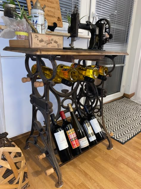 Singer Sewing Machine Wine Rack, Wine Storage Ideas, Old Sewing Machine Table, Singer Sewing Tables, Singer Sewing Machine Table, Sewing Machine Tables, Sewing Machine Table, Wine Barrel Furniture, Antique Sewing Table