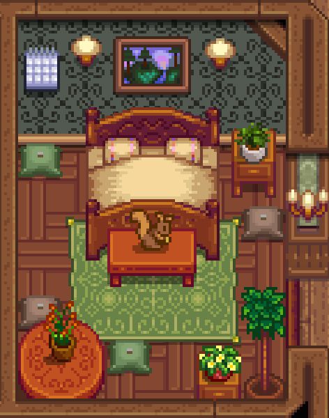 Cozy Stardew Valley House, Dark Academia Stardew Valley House, Stardew Valley Southern Room, Stardew Grandpa Shrine, Stardew Bedroom Design, Stardew Valley House Interior Vanilla, Stardew Valley Flower Dance Dress, Stardew Valley House Interior Ideas No Mods, Stardew Chest Organization