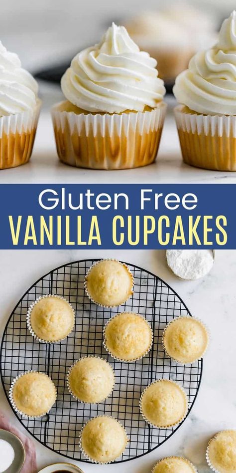 Gluten Free Vanilla Cupcakes - the simple and classic treat that is easy to make with a 1:1 gluten free flour blend. The addition of yogurt gives them a soft, fluffy texture and they are ready to frost with your favorite frosting like this perfect vanilla buttercream. Gluten Free Vanilla Cupcakes, Easy Gluten Free Dessert, White Cupcake Recipes, Fluffy Vanilla Cupcakes, Gluten Free Cupcake Recipe, Gluten Free Cupcakes Vanilla, Easy Vanilla Cupcakes, Gluten Free Vanilla Cake, King Arthur Gluten Free