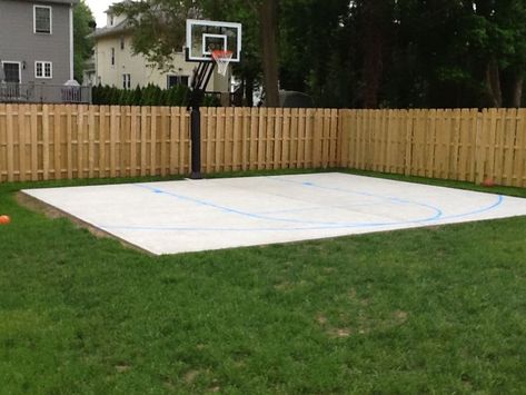 Homemade Basketball Court, Patio And Basketball Court, Side Yard Basketball Court, Diy Basketball Court Backyard Cheap, Small Yard Basketball Court, Backyards With Basketball Courts, Family Backyard Layout, Backyard Basketball Court Size, Backyard Basketball Court