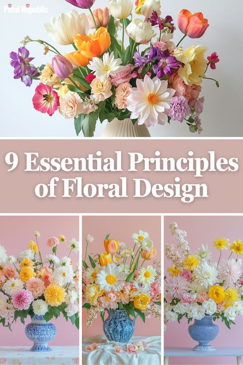 Understanding the principles of floral design is the first step to creating beautiful arrangements. Each principle adds to your knowledge and, as a whole, will then allow you to expand your designs while still keeping harmony and balance. Principles Of Floral Design, Flower Arrangement Rules, Stunning Floral Arrangements, Types Of Flowers For Arrangements, Floral Design Basics, Types Of Floral Arrangements, Symmetrical Flower Arrangement, Floral Design Tips, Floral Recipes Flower Arrangements