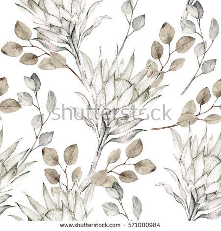 Watercolor branches protea and  eucalyptes leaves pattern. Seamless motif with hand drawn floral elements on white background for wrapping, wallpaper, fabric, textile Watercolor Leaves Pattern, Watercolor Branches And Leaves, Green Branches Wallpaper, Tree Branch Wall Paper, Watercolor Flower Pattern Textile Design, Custom Valances, Flower Mural, Protea Flower, Valance Window Treatments