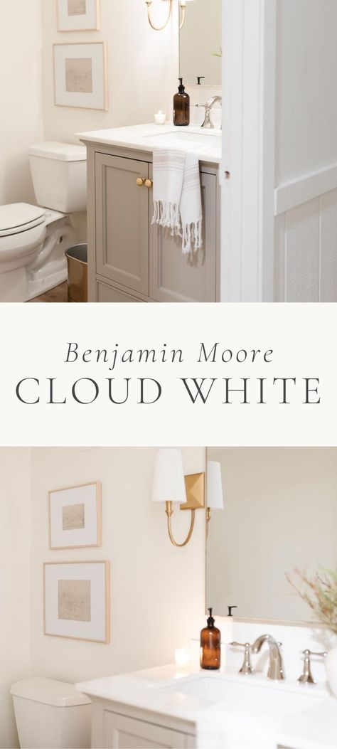 Cloud White Benjamin Moore, Neutral Powder Room, Warm Neutral Bathroom, Off White Bathroom, White Bathroom Colors, White Benjamin Moore, Benjamin Moore Bathroom, Benjamin Moore Cloud White, Off White Paint Colors