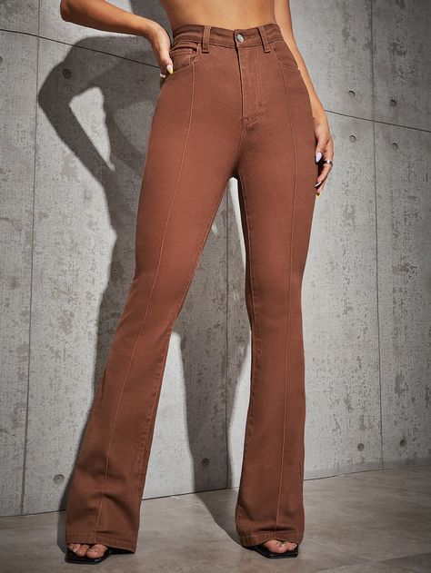 Shein Jeans, Brown Denim, High Waisted Flare Jeans, High Waisted Flares, Flare Leg Jeans, Girl Inspiration, Red High, Distressed Black Jeans, Shein Style