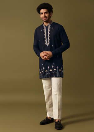 Navy Blue Cotton Kurta Set With Resham Work For Men Navy Blue Kurta For Men, Blue Kurta Men, Short Kurta For Men, Navy Blue Kurta, Kurta Set Men, Cotton Kurta Set, Kids Bridal, Resham Work, Blue Kurta