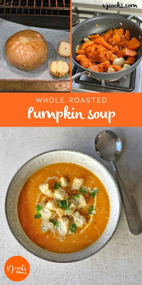 A wholesome soup made from a whole roasted pumpkin and onion and vegetable stock. Roasted Pumpkin Soup Recipe, Roasted Pumpkin Soup, Whole Pumpkin, Vj Cooks, Roast Pumpkin Soup, Pumpkin Vegetable, Creamy Mushroom Pasta, Cheap Clean Eating, Pumpkin Soup Recipe