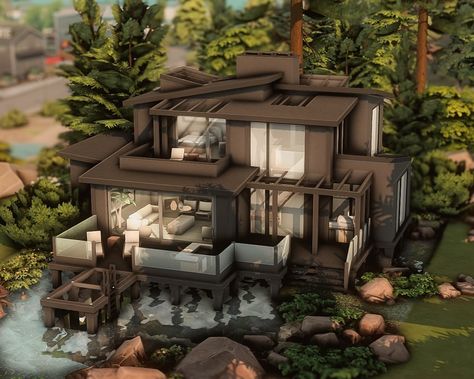 𝐓𝐇𝐄 𝐆𝐎𝐋𝐃𝐄𝐍 𝐀𝐆𝐄 - 𝐁𝐔𝐈𝐋𝐃𝐒 | Modern Lake house 🦦🌲 | noCC 🛠️ packs used: EP: Growing together, Eco living, Island living, Get together, Snowy Escape GP: Spa day SP:… | Instagram Sims 4 Modern Eco House, Sims 4 Lake House, Sulani Beach House, Sims Modern House, Resort Exterior, Desert Luxe, Modern Eco House, Sims Family, Sims 4 Modern House