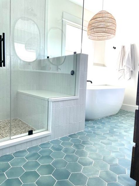 Shop this Pinterest from @TileBar Hexagon Bathroom Tile, Hexagon Bathroom, Modern Coastal Bathroom, Hexagon Tile Bathroom, Blue Green Tile, Blue Bathroom Tile, Teal Bathroom, Hexagon Tile, Beach Bathroom Decor