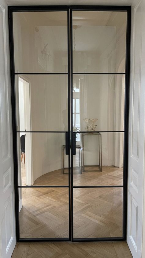 Glass Door To Office, Glass Doorway Interior, Iron And Glass Office Doors, Glass Doors Black Frame, Glass Door To Kitchen, Black Framed Glass Doors, Interior Crittal Doors, Glass Bedroom Doors, Interior Door Frame Ideas