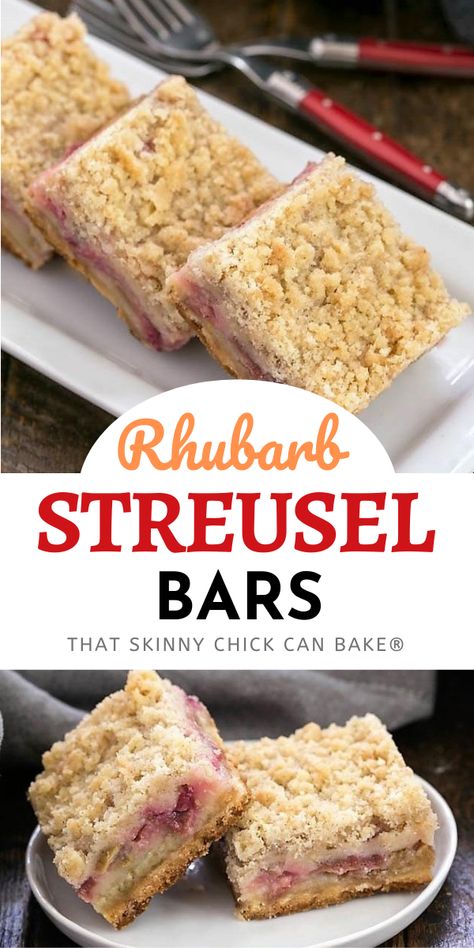 These multilayered Rhubarb Bars have a shortbread crust, a juicy, sweet, tart rhubarb filling, and a crumbly streusel topping! A delicious way to enjoy your summer rhubarb crop. Baking Recipes Sweet, Rhubarb Bars Recipes, Rhubarb Filling, Best Rhubarb Recipes, Rhubarb Bars, Streusel Bars, Recipe Cheesecake, Rhubarb Desserts, Homemade Snickers