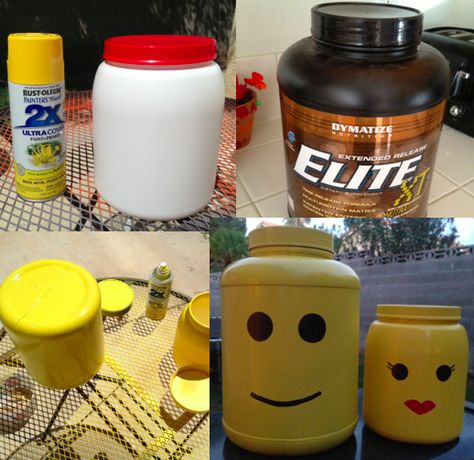 Protein Powder Container tuned Lego Man/Woman Container. Guys you get to keep your Man Card with this project! Upcycled Protein Containers, Protein Container Reuse, Protein Powder Container Reuse, Upcycle Accessories, Repurpose Bottles, Canister Ideas, Protein Powder Container, Repurposed Containers, Protein Bottle