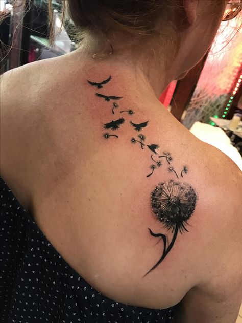 Dandelion with birds Dandelion Back Tattoo, Dandelion Bird Tattoos, Bird Shoulder Tattoos, Dandelion Tattoo Design, Name Tattoos For Moms, Bird Tattoo Meaning, Army Tattoos, Dandelion Tattoo, Mommy Tattoos