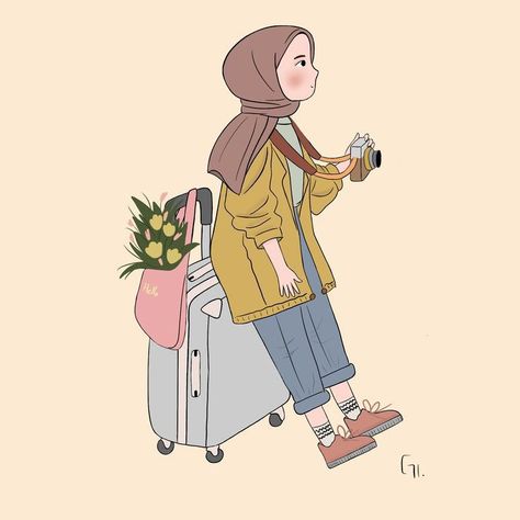 Hijabi Cartoon Aesthetic, Hijabi Girl Illustration, Cute Hijab Cartoon Wallpaper, Aesthetic Illustration, Islamic Cartoon, Travel Girl, Anime Muslim, Hijab Cartoon, Girl Illustration