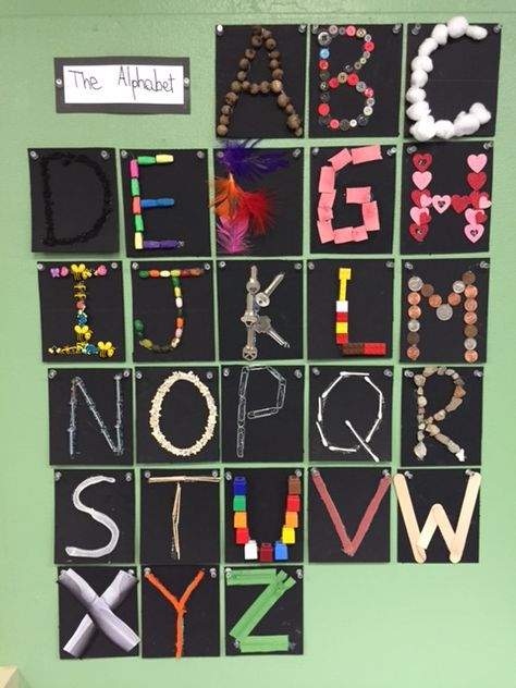 Alphabet Chart Ideas For Preschool, Alphabet Hanging Decoration, Preschool Classroom Alphabet Display, Alphabet Display Preschool, Reggio Emilia Alphabet, Alphabet Provocations, Classroom Alphabet Display, Preschool Letter Crafts, Alphabet Display