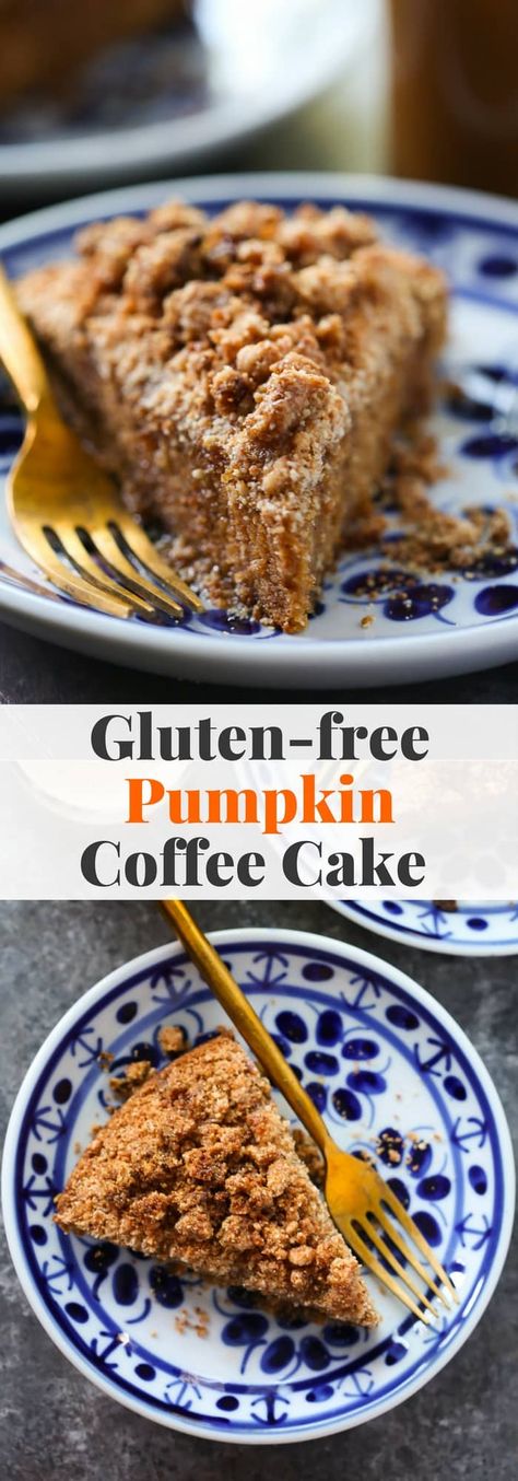 Who is ready for fall baking? How about starting off with this Gluten-Free Pumpkin Coffee Cake? It's made with almond and coconut flour, pumpkin puree and flavourful spices. Gf Cake, Gluten Free Coffee Cake, Pumpkin Coffee Cake, Gluten Free Coffee, Sweet Potato Pecan, Glutenfree Recipe, Gf Breakfast, Pumpkin Coffee Cakes, Gf Baking