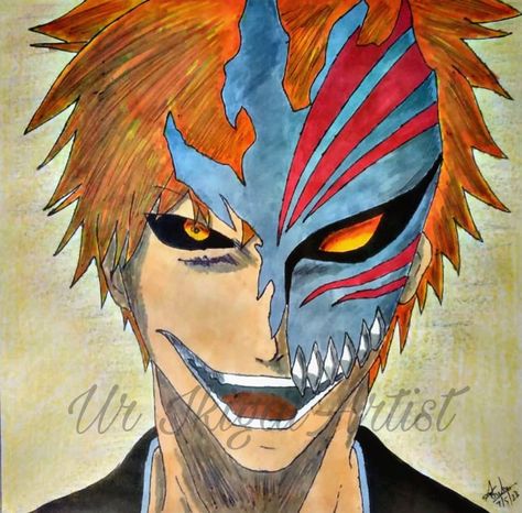 Ichigo Kurosaki's Half Hollow Mask.... Bleach 😍😍😍😍 Art Material Used - 1) Touch Cool Alcohol Markers 2) Camel Chalk Pastels 3) Rorito Fiber Point Black Pen 4) Doms Color Pencils Hollow Mask, Bleach Art, Black Pen, Color Pencils, Chalk Pastels, Manga Artist, Alcohol Markers, Anime Crossover, Anime Sketch