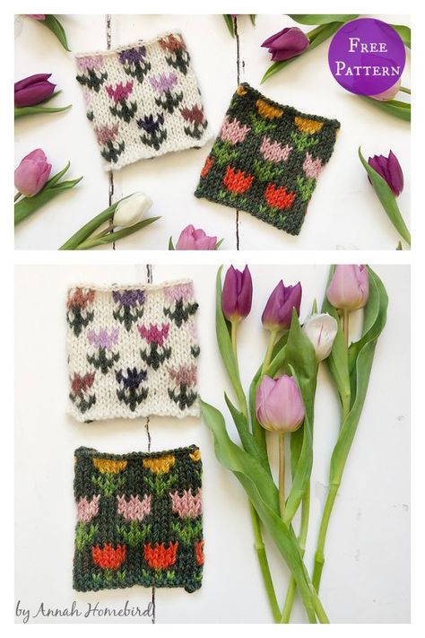 Knit Flower Sweater Pattern, Flowers Knitting Chart, Floral Knitting Charts, Knit Flower Colorwork, Knit Tulip Pattern, Colorwork Scarf Knitting Pattern, Knitting Flower Pattern, Whimsical Knitting Patterns, Flowers Knitting Pattern