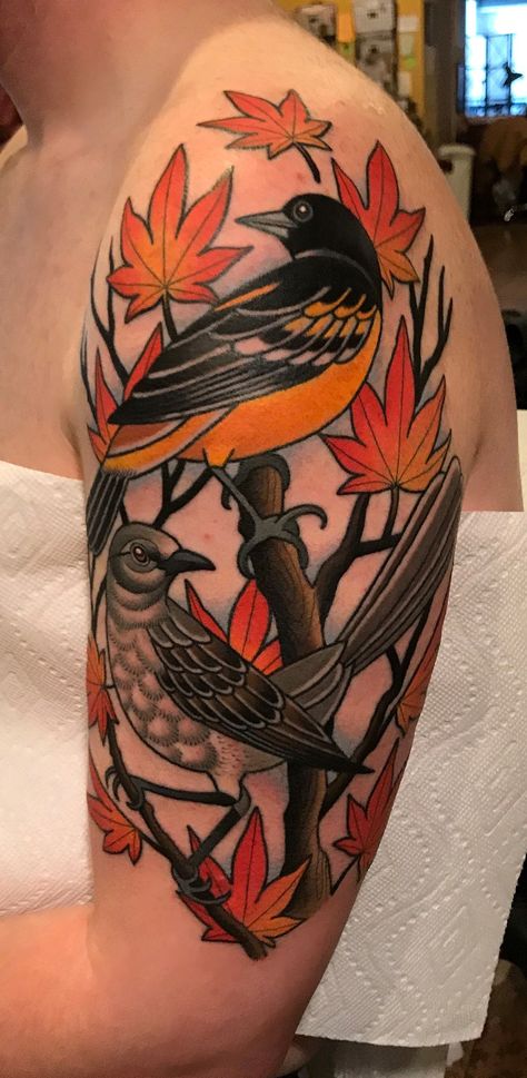 Maryland Tattoo Sleeve, Oriel Bird Tattoo, Oriole Tattoo, Orioles Tattoo, Stay Humble Tattoo, Maryland Tattoo, Mockingbird Tattoo, Humble Tattoo, Body Artwork